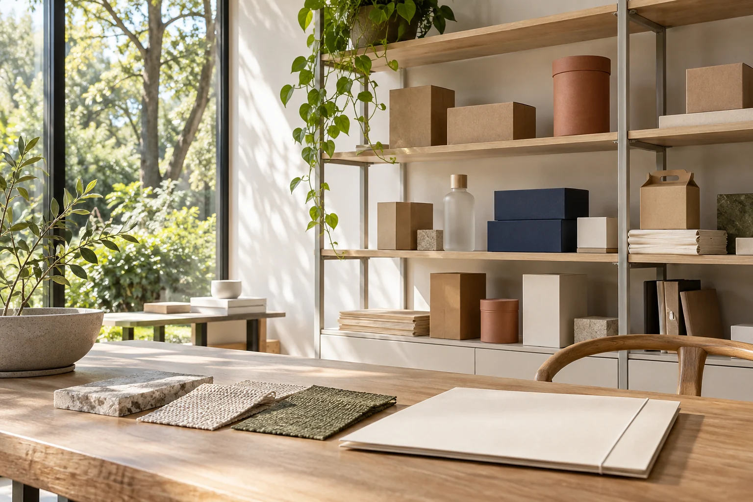 Material- und Verpackungsmuster in einem hellen Atelier