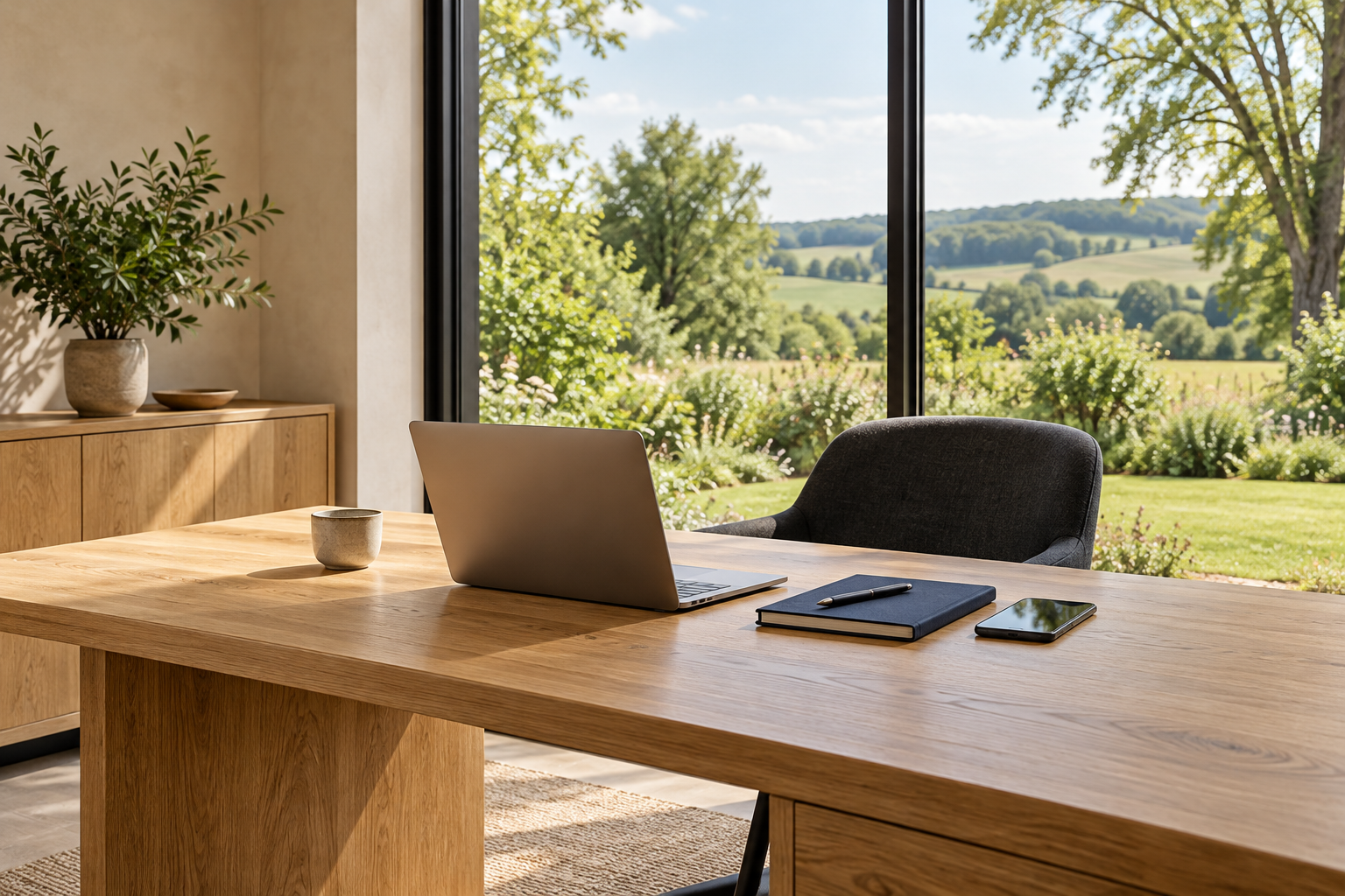 moderner arbeitsraum mit eichen schreibtisch und gartenblick 1