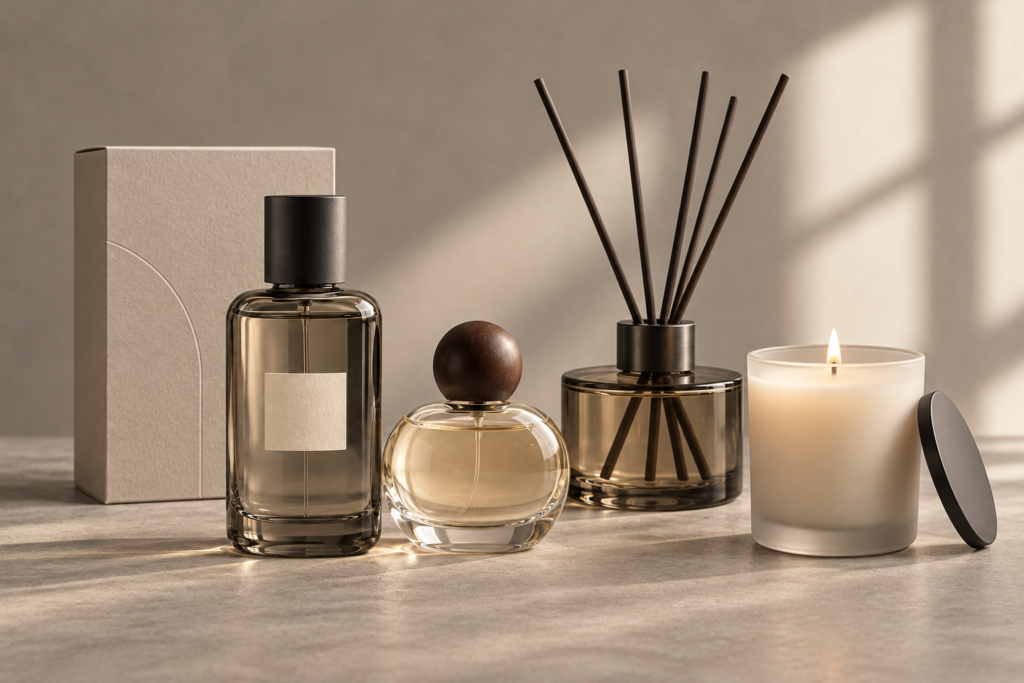 parfum und raumduftkollektion im tageslicht